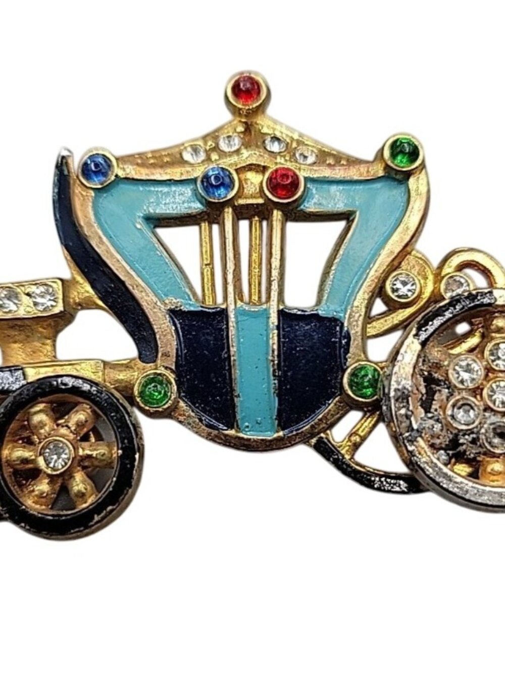 Princess Carriage Brooch Enamel Rhinestones & Faux Pearl Gold Tone Vintage 1940s